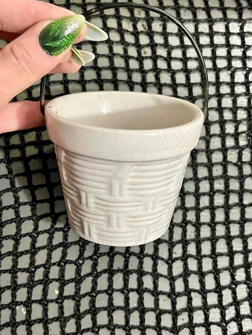 Vintage style cream ceramic basket weave hanging planter pot